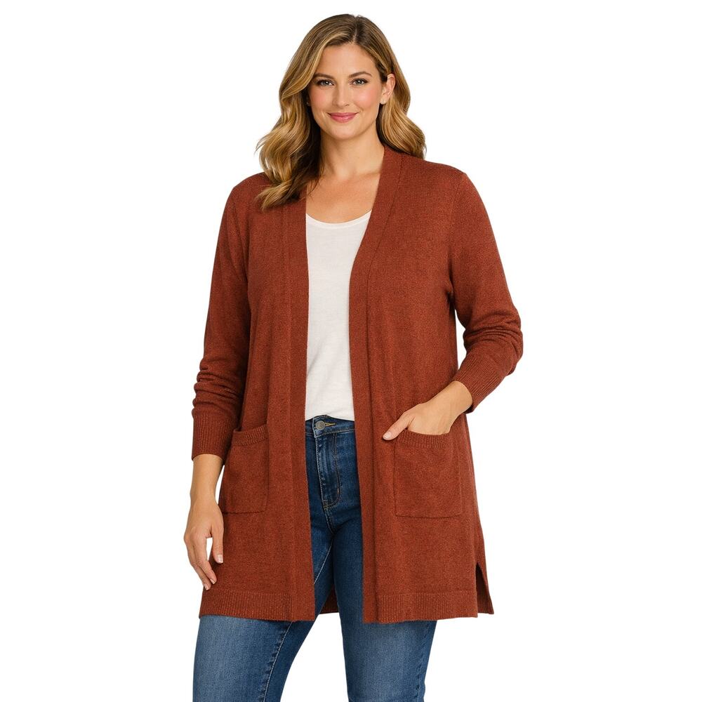 Denim & Co. Rust Open Front Long Cardigan Women’s Size M Pockets Knit Sweater